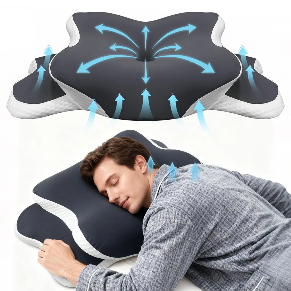 Oreiller Cervical Ergonomique Mémoire de Forme - Anti-Douleur Nuque avec Taie Soie Glacée