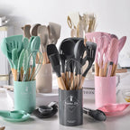Ensemble Ustensiles Cuisine Silicone 12 Pièces - Manche Bois & Porte-Ustensiles