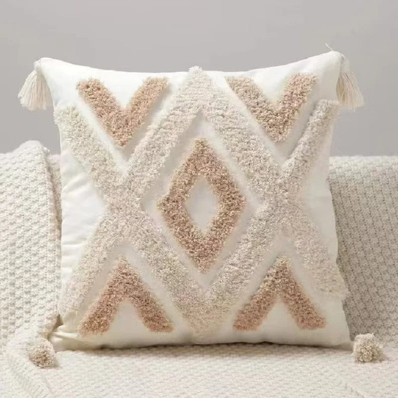 Housse de Coussin Bohème avec Pompons - Style Nordique Géométrique en Peluche