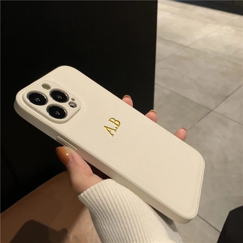 Coque iPhone Personnalisée en Cuir PU — Initiales & Prénom sur Mesure, Cadeau Luxe