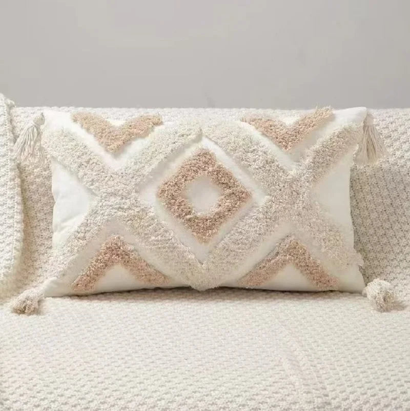 Housse de Coussin Bohème avec Pompons - Style Nordique Géométrique en Peluche