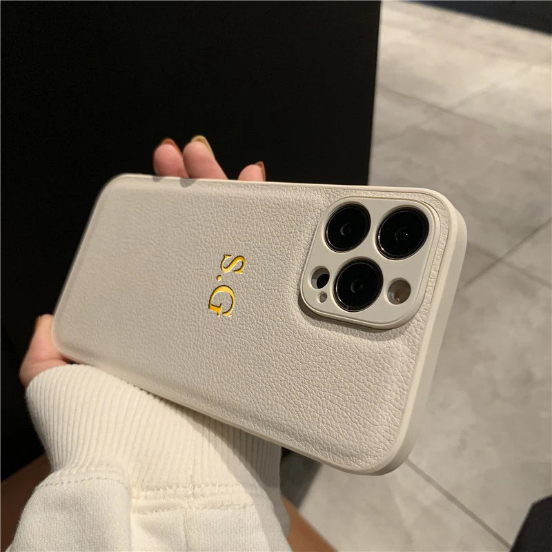 Coque iPhone Personnalisée en Cuir PU — Initiales & Prénom sur Mesure, Cadeau Luxe