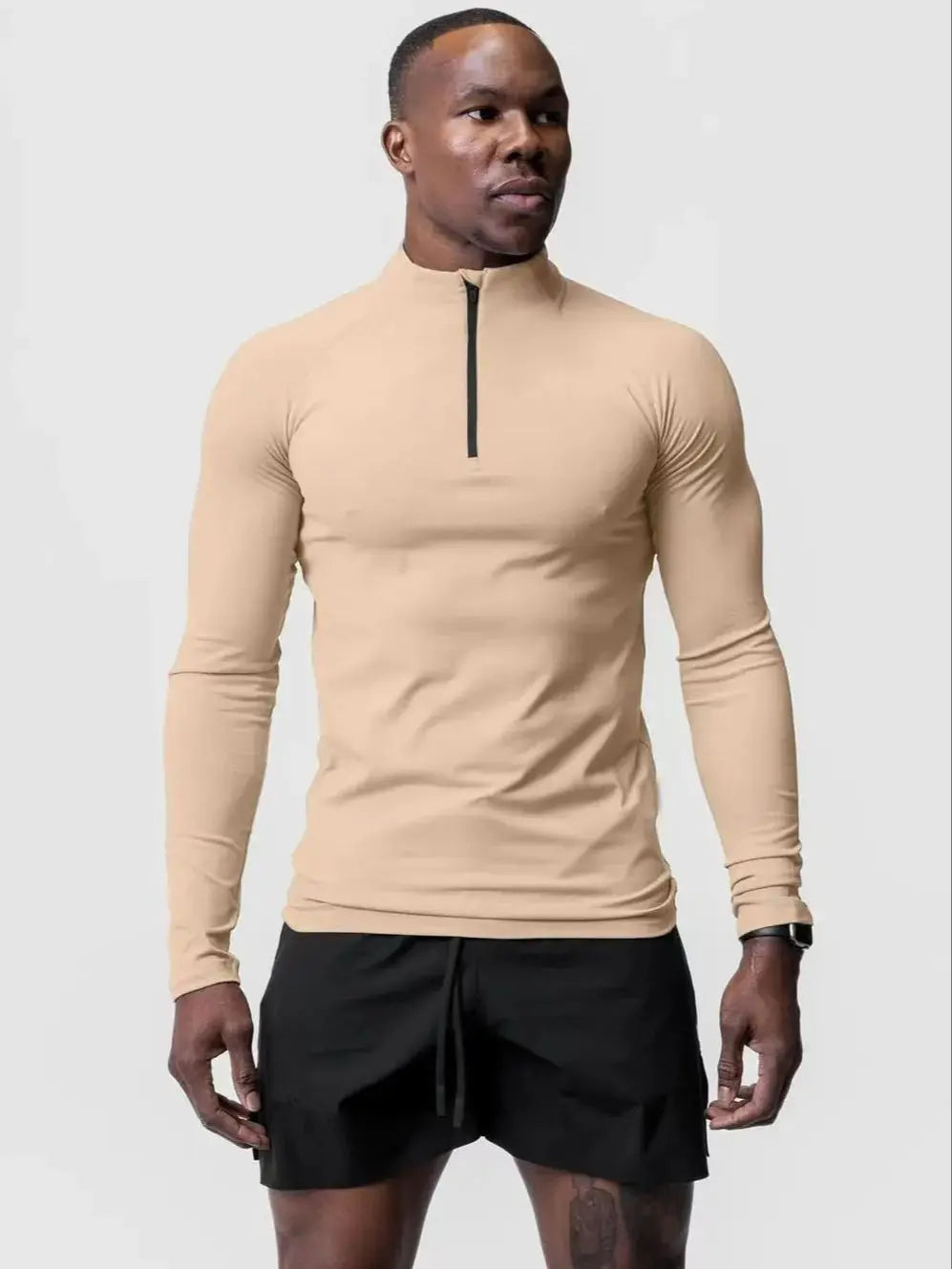 T-Shirt de Compression Sport Homme Manches Longues - Col Montant Demi-Zip pour Running et Fitness