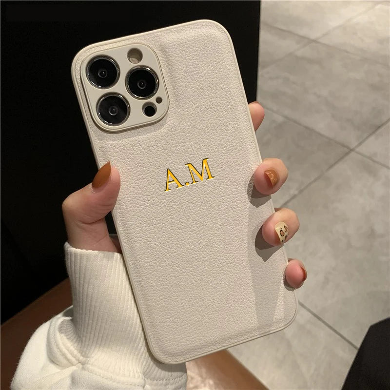 Coque iPhone Personnalisée en Cuir PU — Initiales & Prénom sur Mesure, Cadeau Luxe