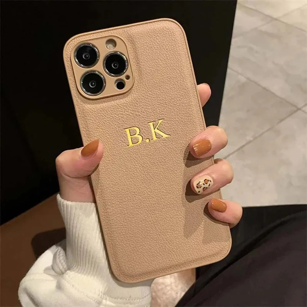 Coque iPhone Personnalisée en Cuir PU — Initiales & Prénom sur Mesure, Cadeau Luxe