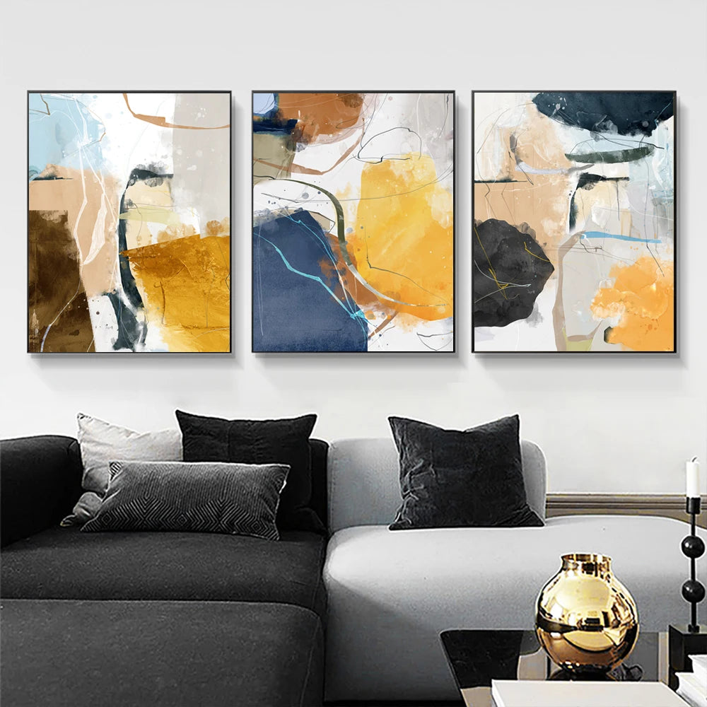 Tableau Toile Géométrique Aquarelle 3 Pièces - Art Abstrait Nordique Sans Cadre