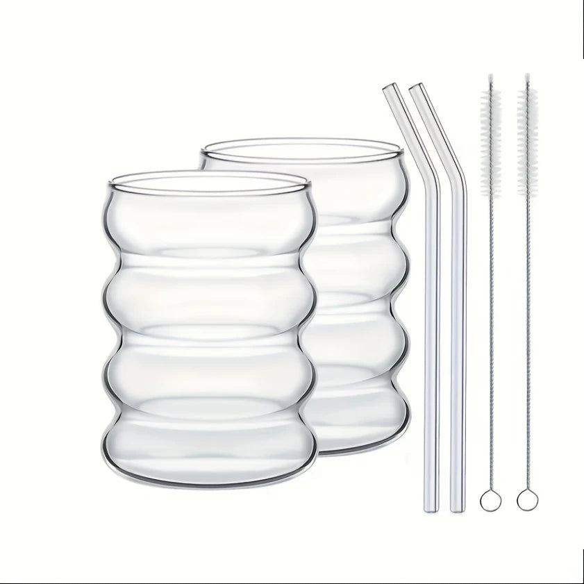 Tasse à Café en Verre Borosilicate 350ml avec Paille - Design Ondulation Vintage