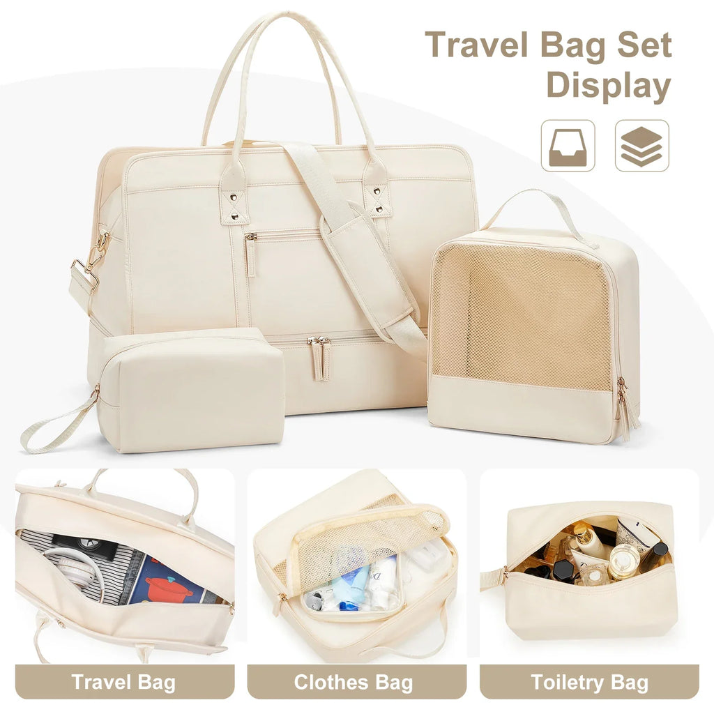 Set Sac de Voyage Femme Nylon – Sac Vêtements & Trousse de Toilette Inclus (Beige)
