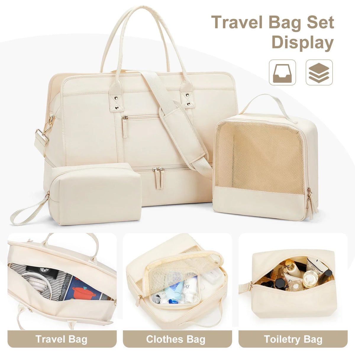 Set Sac de Voyage Femme Nylon – Sac Vêtements & Trousse de Toilette Inclus (Beige)