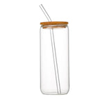 Tasse en Verre 550ml avec Couvercle Bois et Paille - Gobelet Transparent Polyvalent