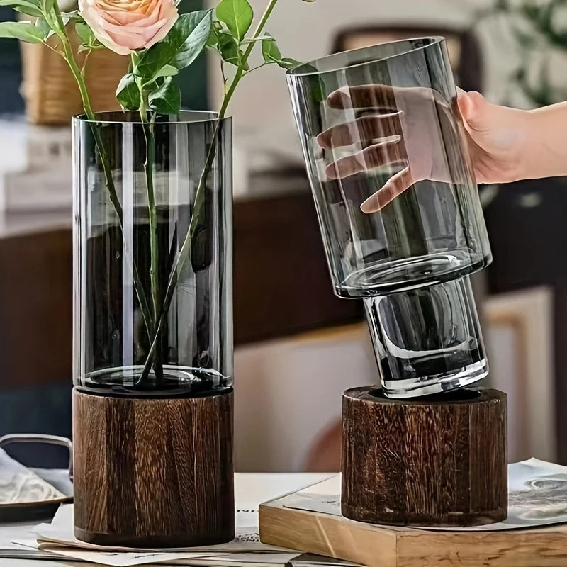 Glass Vase with Wooden Base — Hydroponic Floral Decoration, Modern Design
