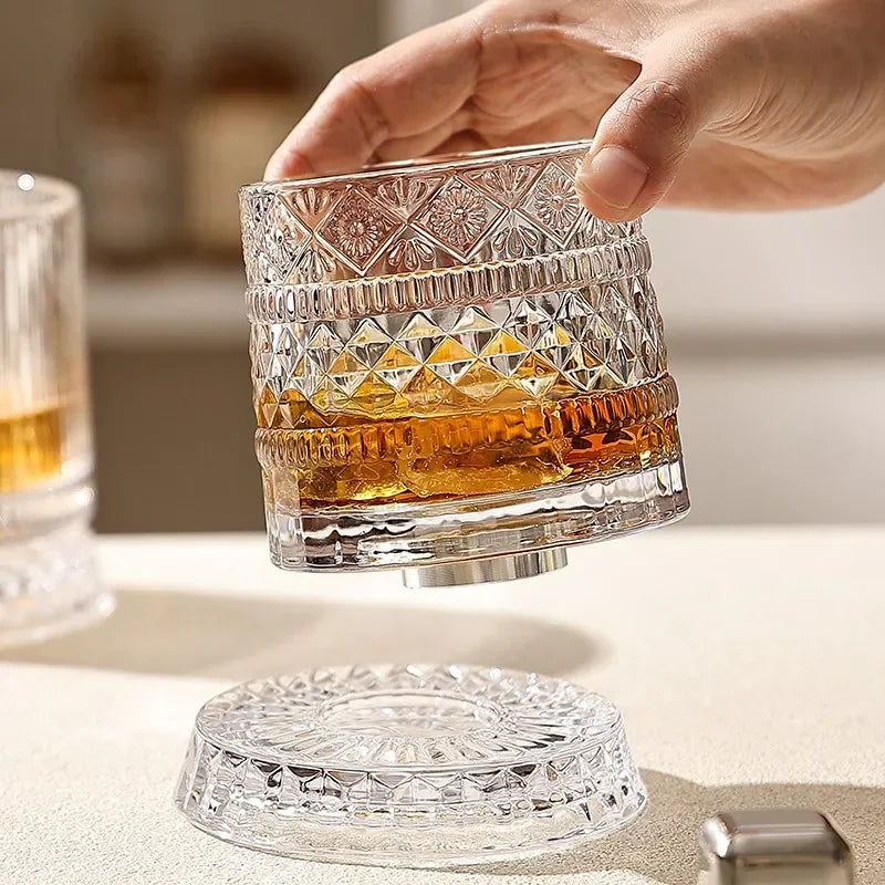 Verre à Whisky Transparent 255ml Rotatif - Résistant à la Chaleur Design Diamant