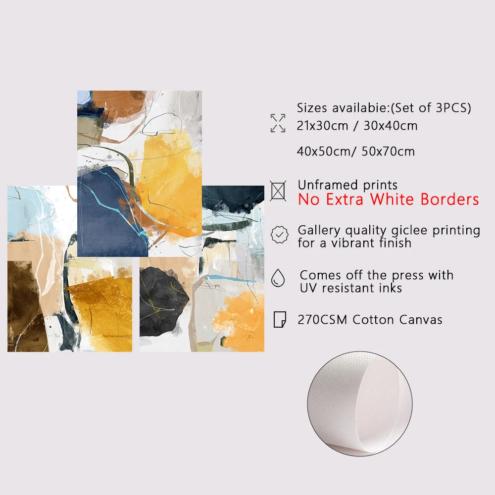 Tableau Toile Géométrique Aquarelle 3 Pièces - Art Abstrait Nordique Sans Cadre