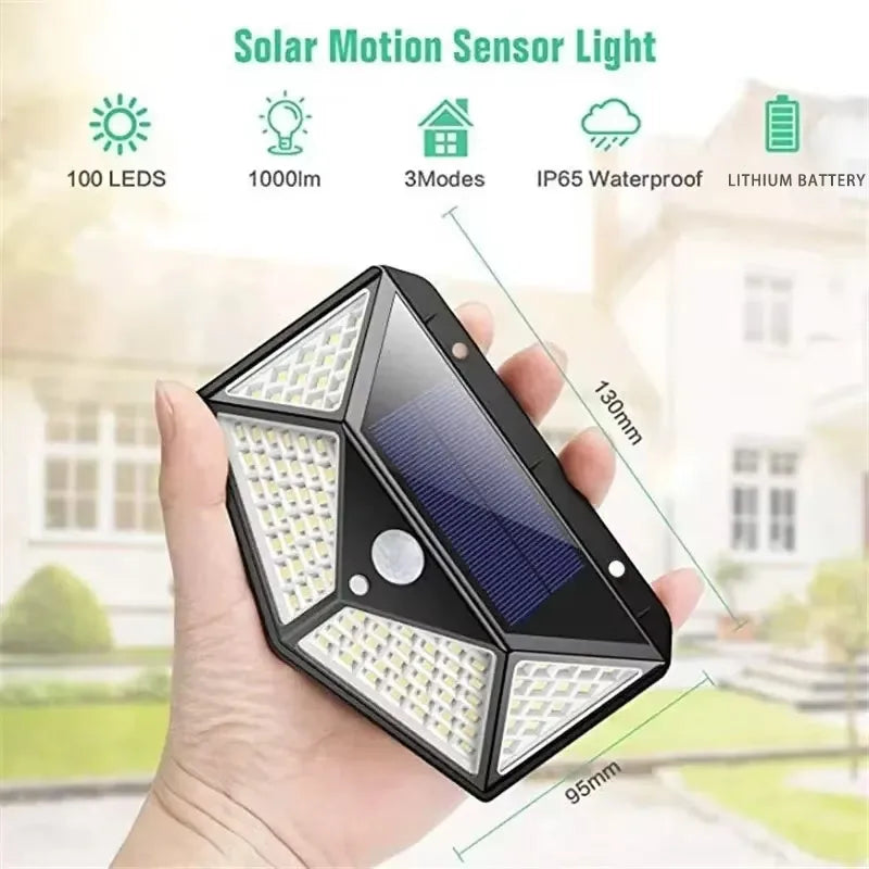 Lampe Solaire LED 100 LED – Détecteur de Mouvement PIR, Éclairage Extérieur IP65, 3 Modes