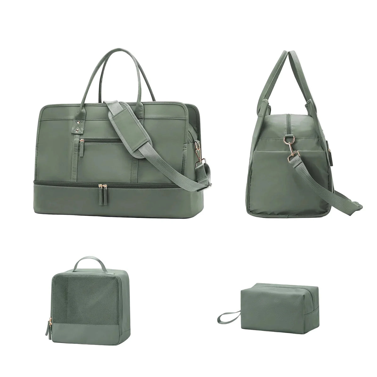 Set Sac de Voyage Femme Nylon – Sac Vêtements & Trousse de Toilette Inclus (Vert)