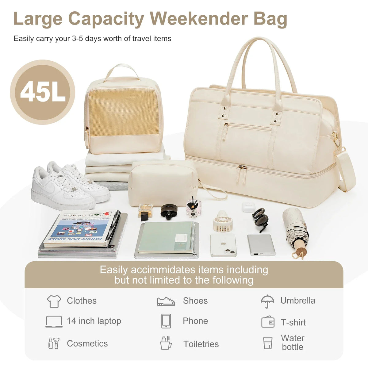Set Sac de Voyage Femme Nylon – Sac Vêtements & Trousse de Toilette Inclus (Beige)