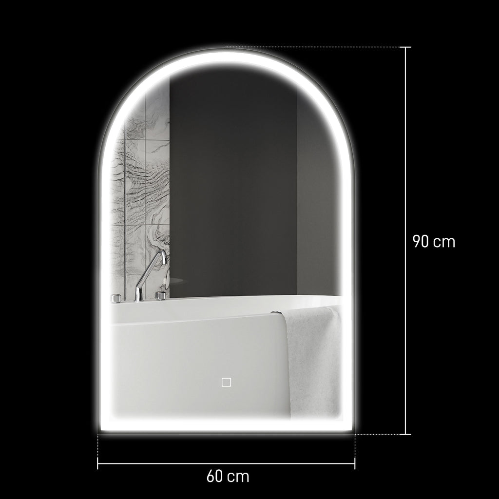 Miroir de salle de bain LED 90 x 60cm, mural, 3 couleurs, arqué cadre en aluminium, désembuage et interrupteur tactile