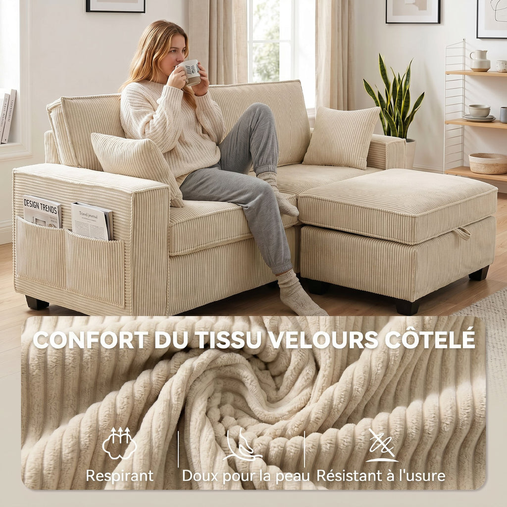 Canapé 3 Places avec Pouf de Rangement, Canapé d'Angle en Velours Côtelé, Assise Large, 2 Coussins, Beige