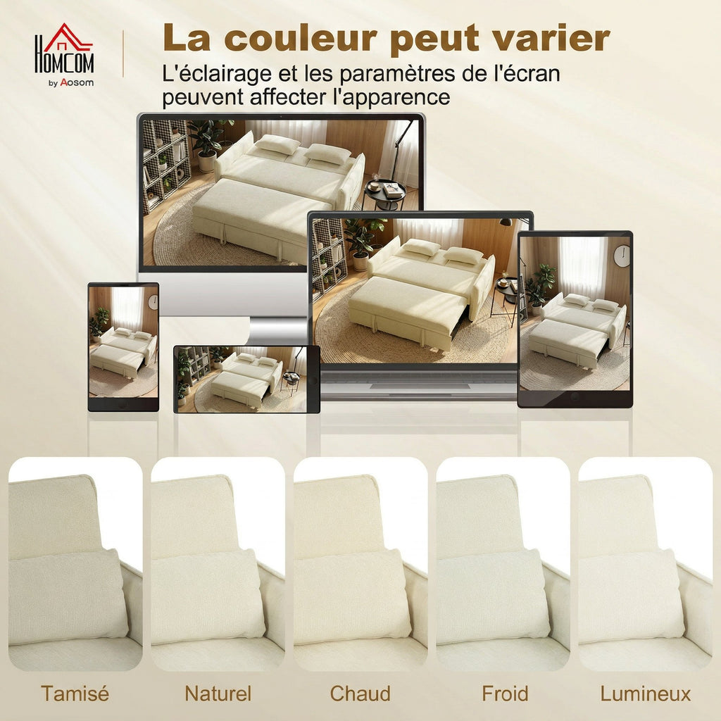 Canapé convertible 2 places 3 en 1, canapé-lit clic clac en chenille avec dossier réglable, porte-gobelets, beige