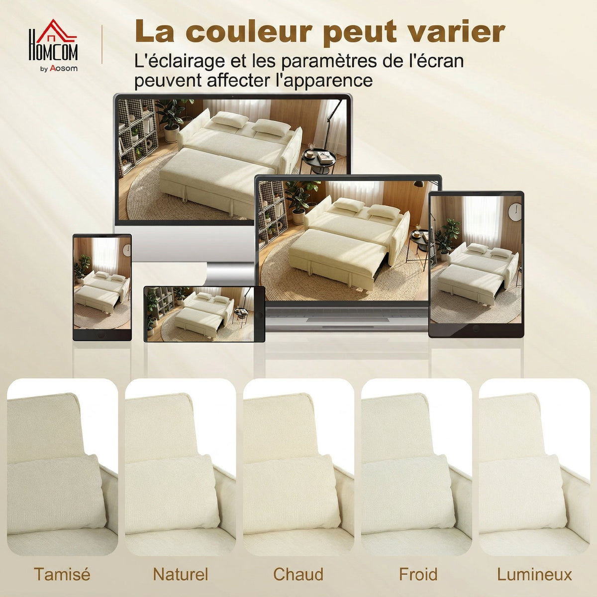 Canapé convertible 2 places 3 en 1, canapé-lit clic clac en chenille avec dossier réglable, porte-gobelets, beige