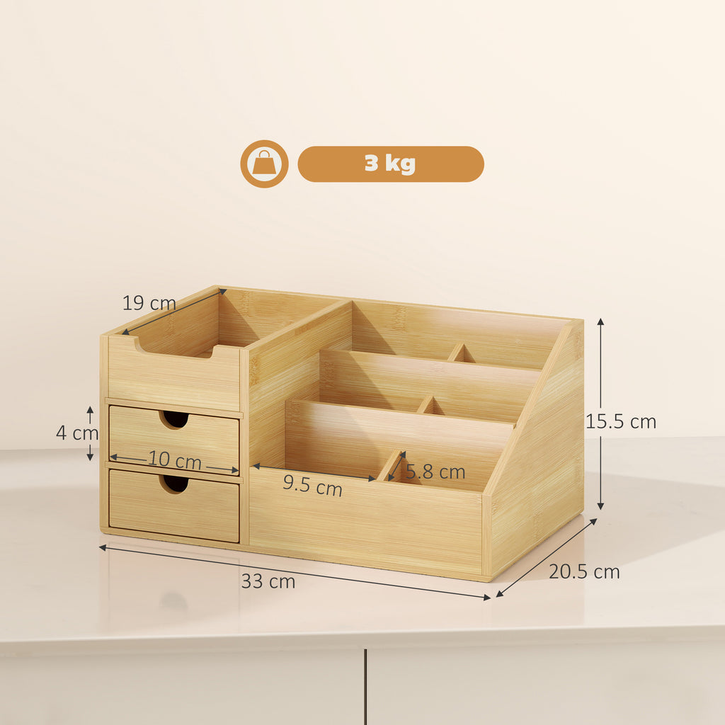 Boite de Rangement de Bureau - Organiseur de Bureau - 7 Compartiments, 2 tiroirs - Bambou Verni, Bambou