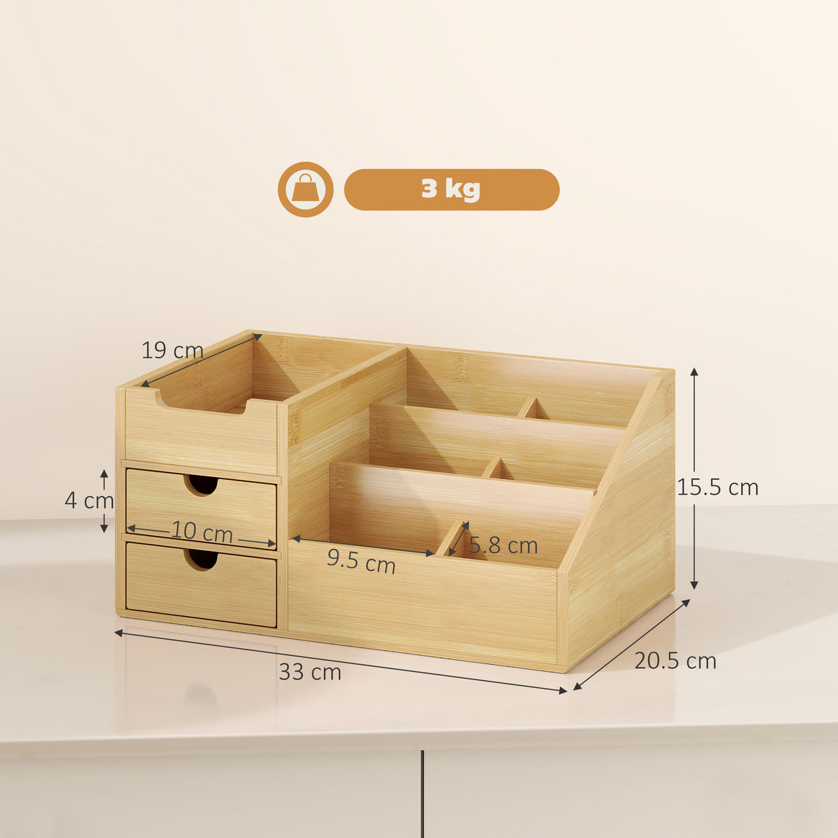Boite de Rangement de Bureau - Organiseur de Bureau - 7 Compartiments, 2 tiroirs - Bambou Verni, Bambou