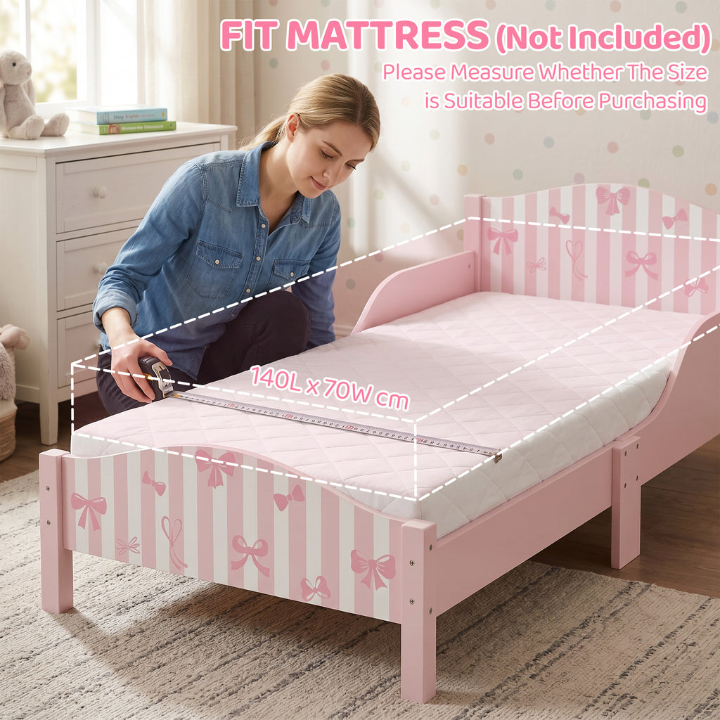 Lit Enfant 70 x 140 cm, Lit pour Enfant avec Barrière de Sécurité et Sommier à Lattes en Bois, Motif Nœud, Rose