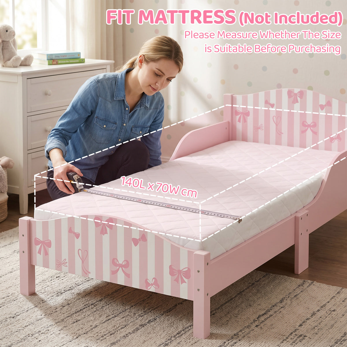 Lit Enfant 70 x 140 cm, Lit pour Enfant avec Barrière de Sécurité et Sommier à Lattes en Bois, Motif Nœud, Rose