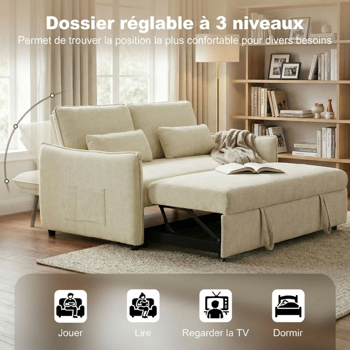 Canapé convertible 2 places 3 en 1, canapé-lit clic clac en chenille avec dossier réglable, porte-gobelets, beige
