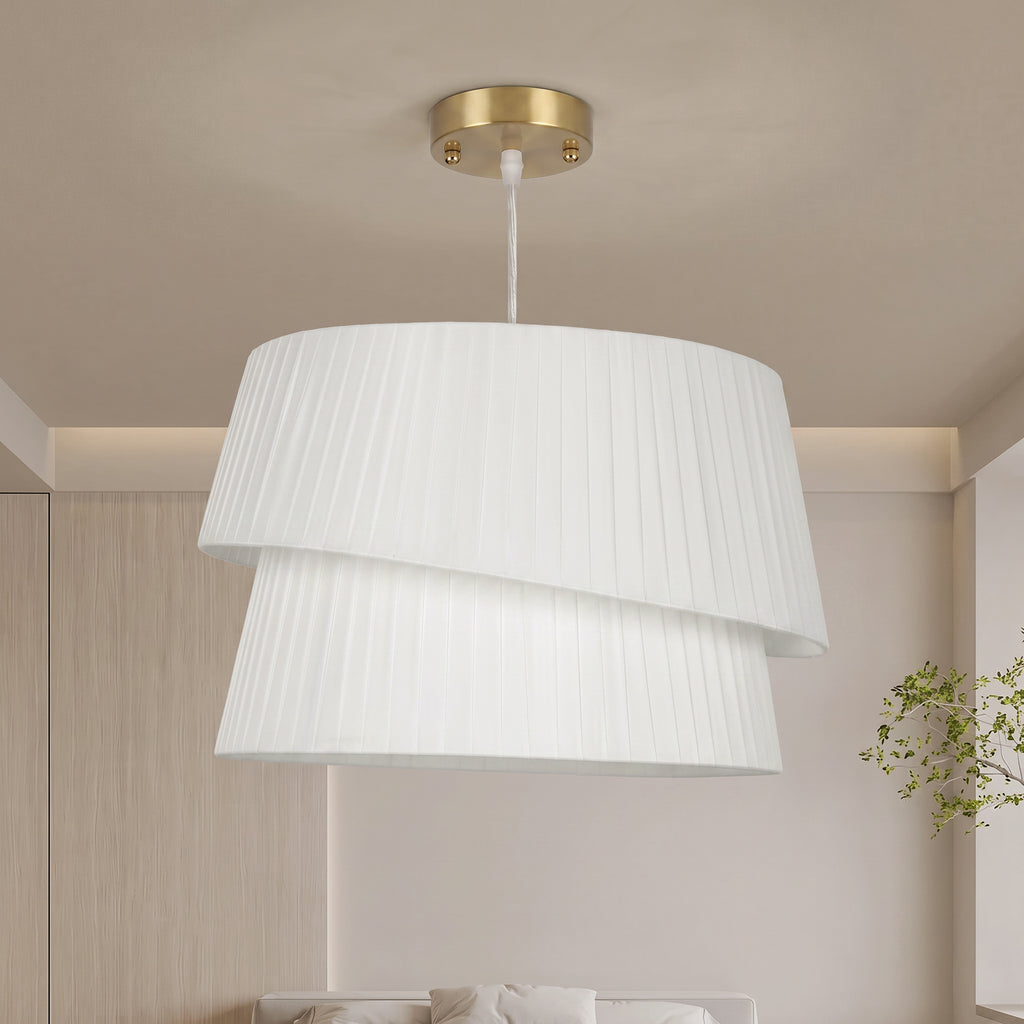 Suspension Luminaire Élégante à Double Abat-Jour, Rosace Dorée, Câble Réglable, Ampoule Non Incluse E14 40 W, Blanc