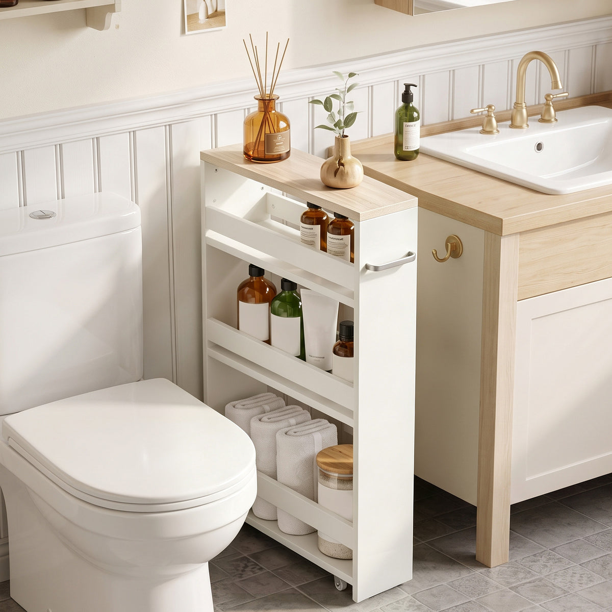 Chariot de rangement à 3 niveaux chariot de stockage étagère sur roulettes pour cuisine étroite salle de bain buanderie bureau avec poignée - 48 x 15 x 80 cm blanc