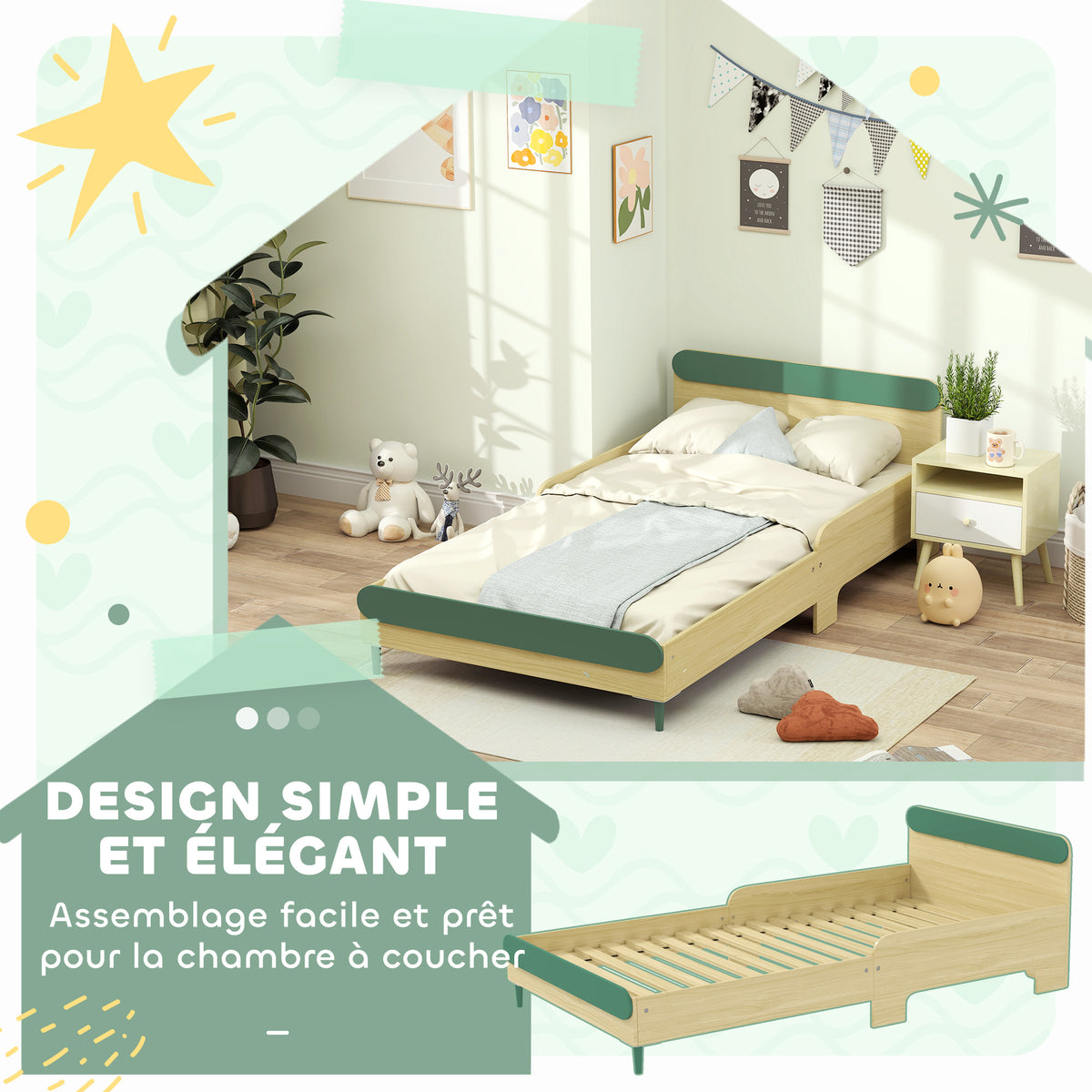 Lit pour enfant lit au sol enfant de 3 à 10 ans avec barrière de sécurité, sommier à lattes inclus, vert