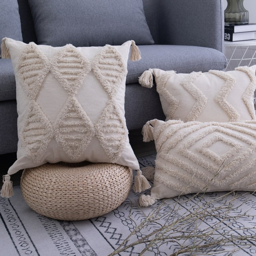 Housse de Coussin à Pompons Beige 45x45 / 30x50 cm - Coton Fait Main Géométrique