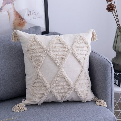 Housse de Coussin à Pompons Beige 45x45 / 30x50 cm - Coton Fait Main Géométrique