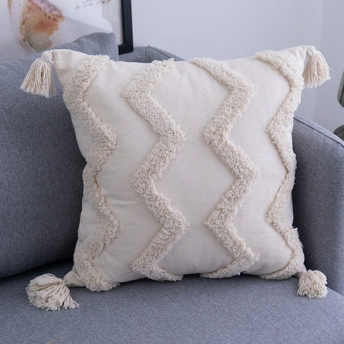 Housse de Coussin à Pompons Beige 45x45 / 30x50 cm - Coton Fait Main Géométrique
