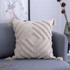 Housse de Coussin à Pompons Beige 45x45 / 30x50 cm - Coton Fait Main Géométrique