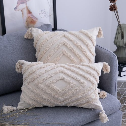 Housse de Coussin à Pompons Beige 45x45 / 30x50 cm - Coton Fait Main Géométrique