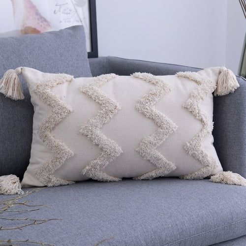 Housse de Coussin à Pompons Beige 45x45 / 30x50 cm - Coton Fait Main Géométrique