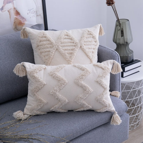 Housse de Coussin à Pompons Beige 45x45 / 30x50 cm - Coton Fait Main Géométrique