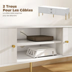 Meuble TV, meuble télé jusqu'à 65 pouces avec 2 portes, 2 compartiments ouverts, pieds en acier, 140x38x45,9cm, blanc
