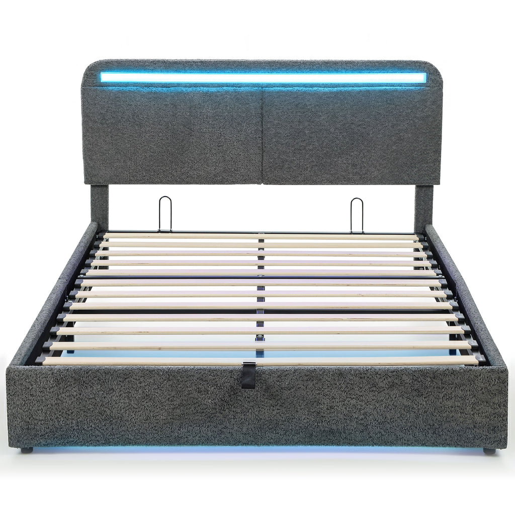 Lit coffre 140 x 190 cm avec éclairage LED, tête de lit réglable, cadre de lit double, sommier à lattes en bois, gris