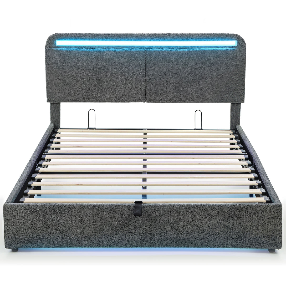 Lit coffre 140 x 190 cm avec éclairage LED, tête de lit réglable, cadre de lit double, sommier à lattes en bois, gris