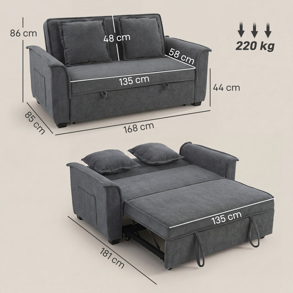 Canapé convertible 2 places, canapé-lit clic-clac en chenille, dossier réglable, 2 coussins, poche latérale, gris