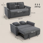 Canapé convertible 2 places, canapé-lit clic-clac en chenille, dossier réglable, 2 coussins, poche latérale, gris