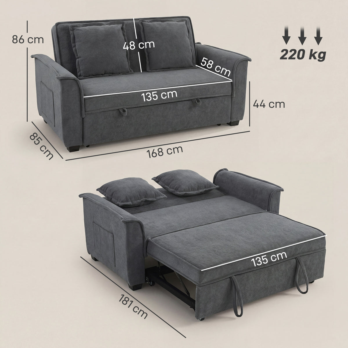 Canapé convertible 2 places, canapé-lit clic-clac en chenille, dossier réglable, 2 coussins, poche latérale, gris
