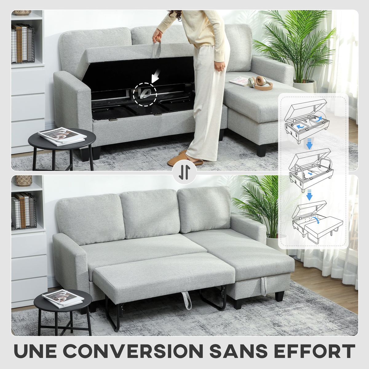 Canapé d'angle convertible réversible, canapé-lit 3 places, méridienne, coffre de rangement, 197lx129x 85cm, gris clair