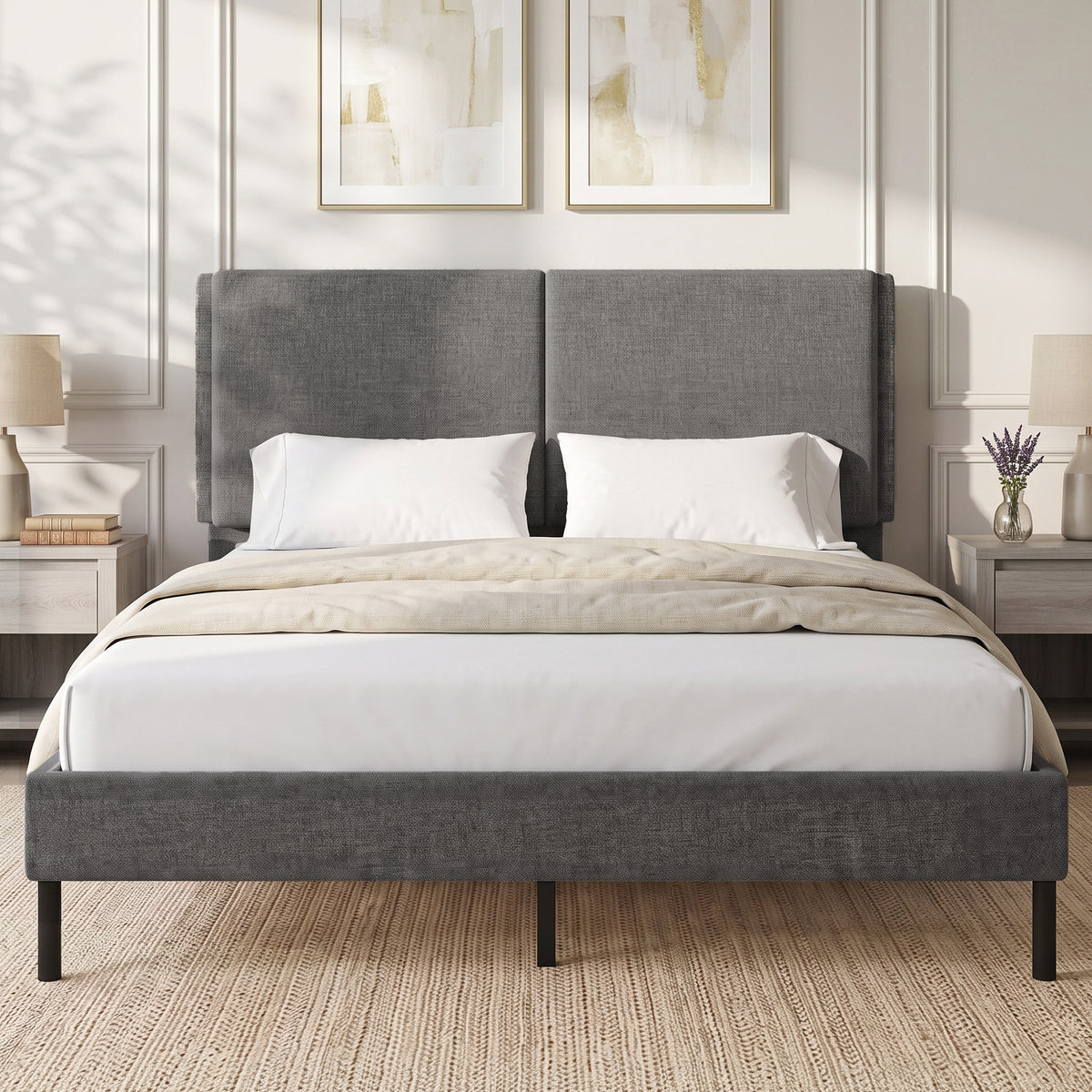Cadre de Lit 140 x 190 cm avec Sommier et Tête Réglable, Lit Double Rembourré en Lin, Rangement au-dessous, Gris
