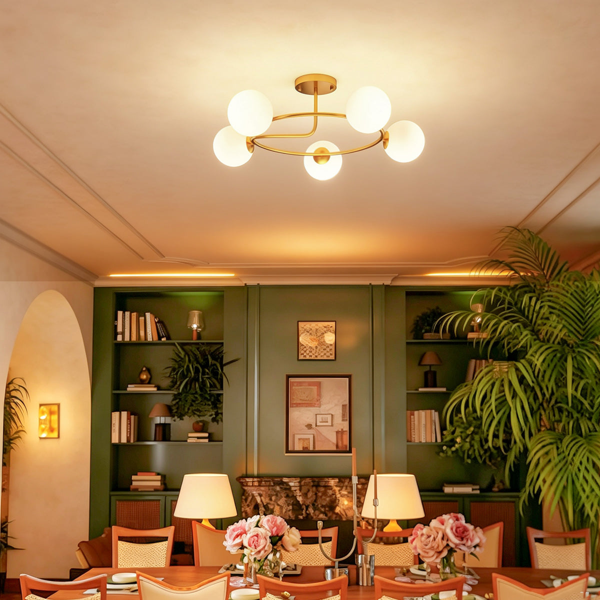 Plafonnier lustre moderne, luminaire plafonnier à 5 lumières avec culot G9, montage semi-affleurant, doré et blanc