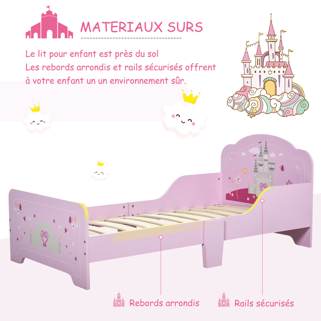 Lit Enfant 140 x 70 cm - lit d'enfant Design Princesse Motif château - sommier à Lattes Inclus - MDF Contre-plaqué Rose