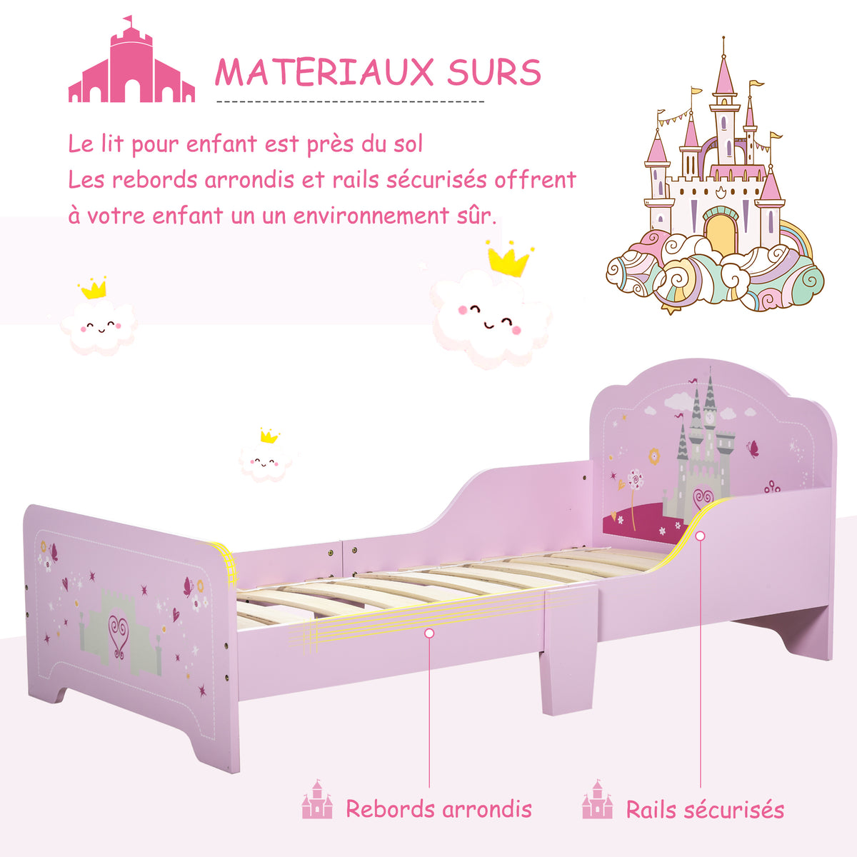 Lit Enfant 140 x 70 cm - lit d'enfant Design Princesse Motif château - sommier à Lattes Inclus - MDF Contre-plaqué Rose